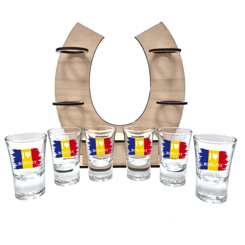 I love romania, suport potcoava din lemn cu 6 pahare tip shout, model hgs031b